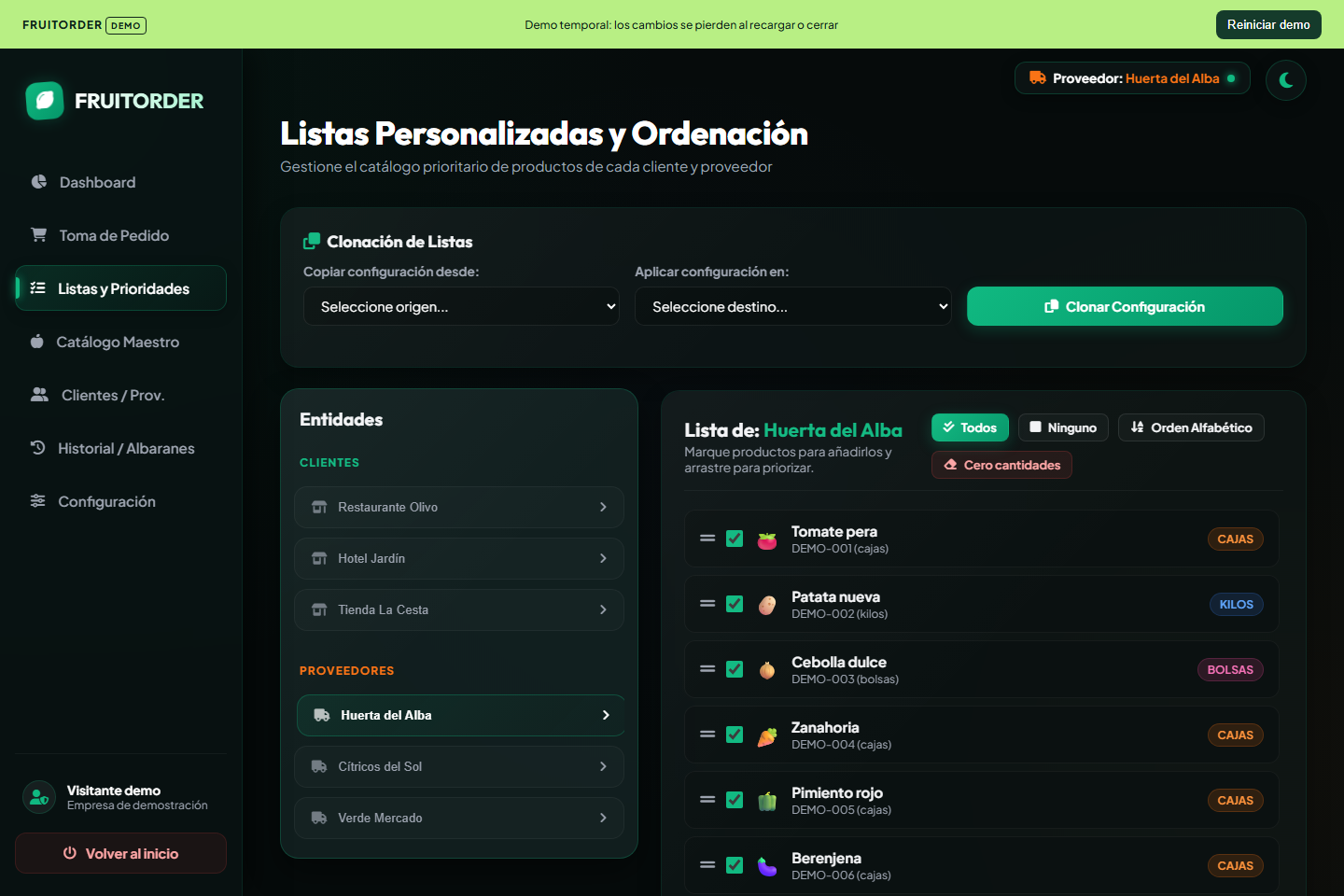 Lista de productos ordenable por proveedor